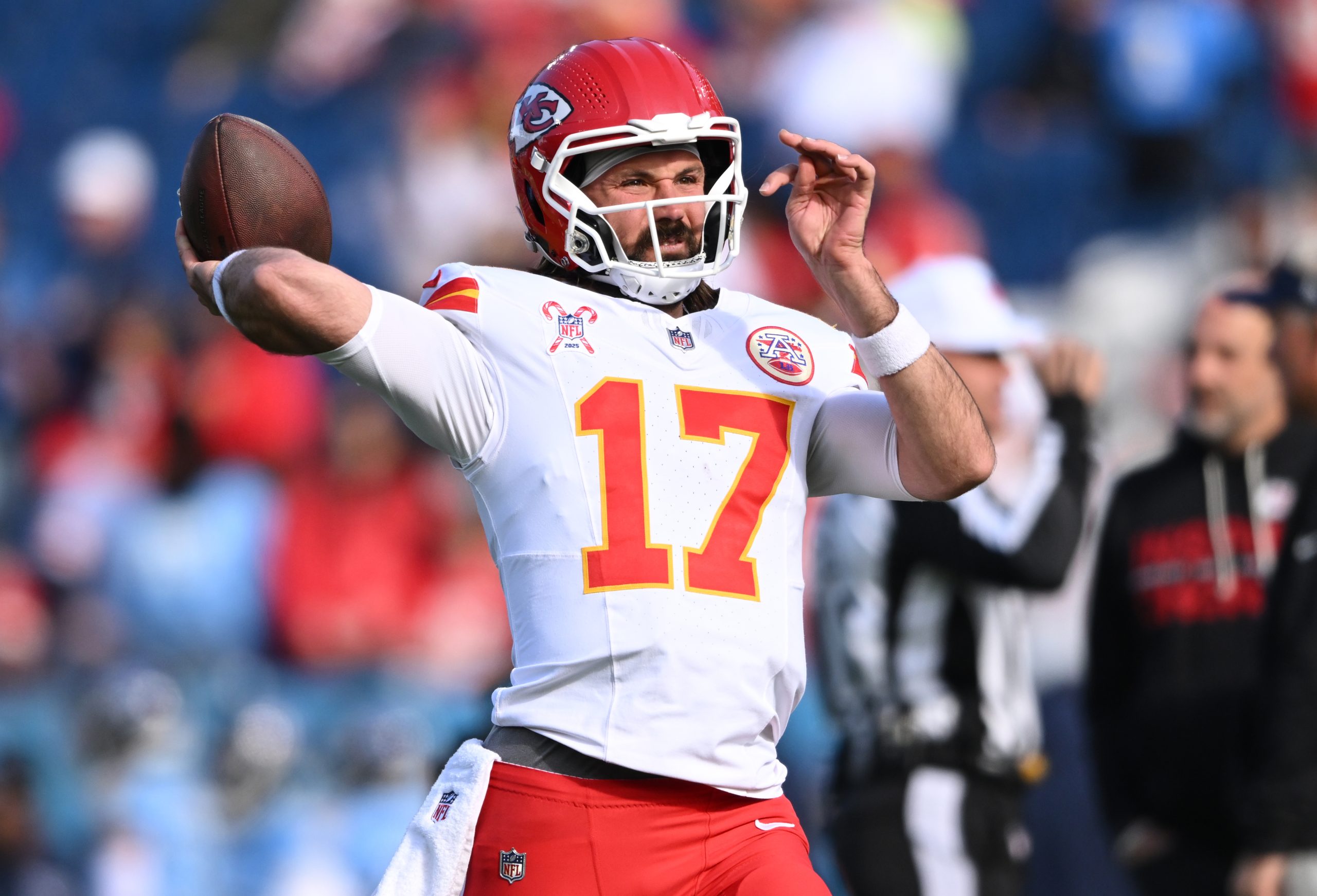 Dec 21, 2025; Nashville, Tennessee, USA; Kansas City Chiefs quarterback Gardner Minshew (17) warms up before a game against the Tennessee Titans at Nissan Stadium. Mandatory Credit: Steve Roberts-Imagn Images