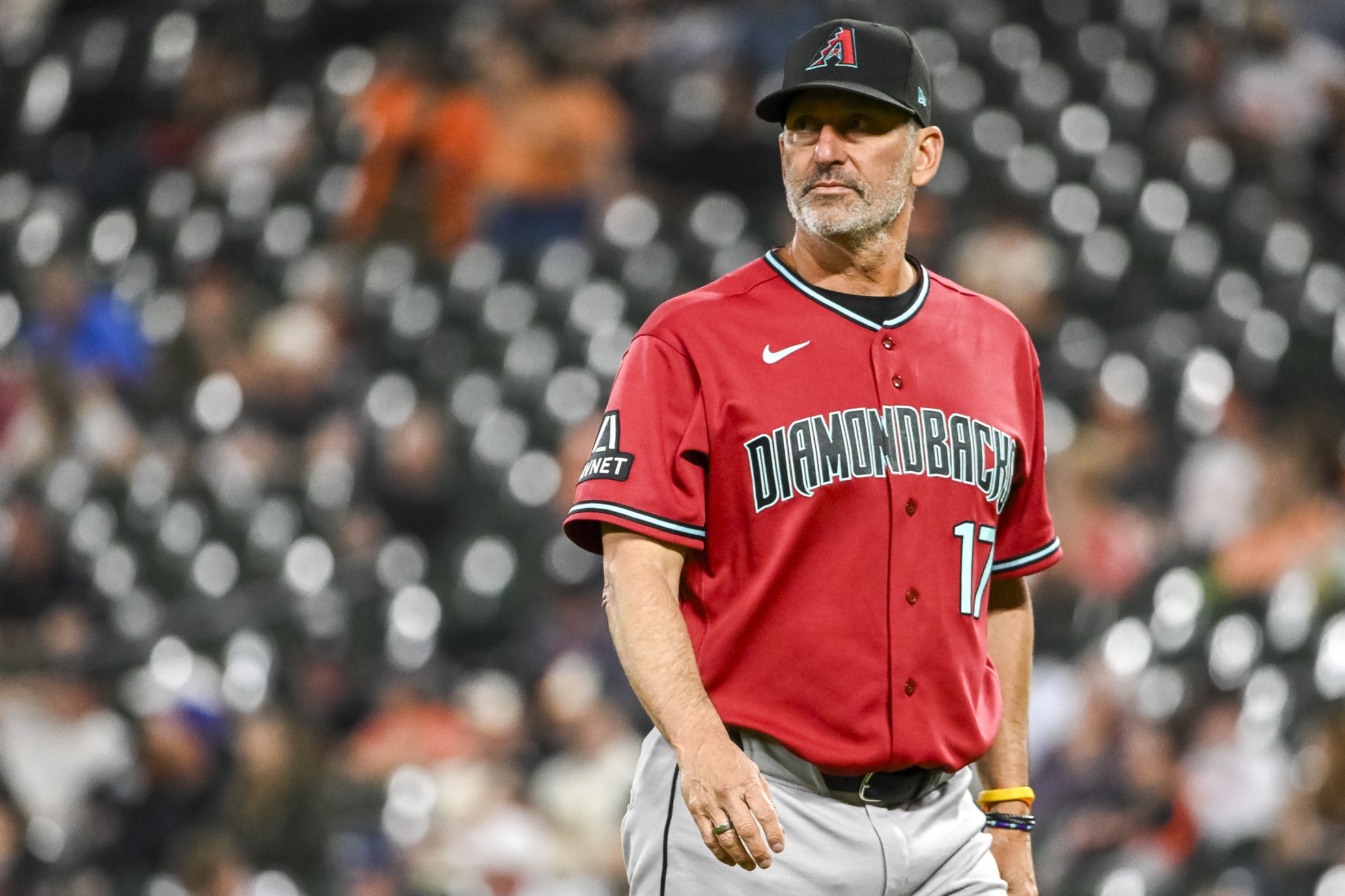 Apr 13, 2026; Baltimore, Maryland, USA; Arizona Diamondbacks manager Torey Lovullo (17) walks on the field during a pitch change in the sixth inning against the Baltimore Orioles at Oriole Park at Camden Yards. Mandatory Credit: Tommy Gilligan-Imagn Images