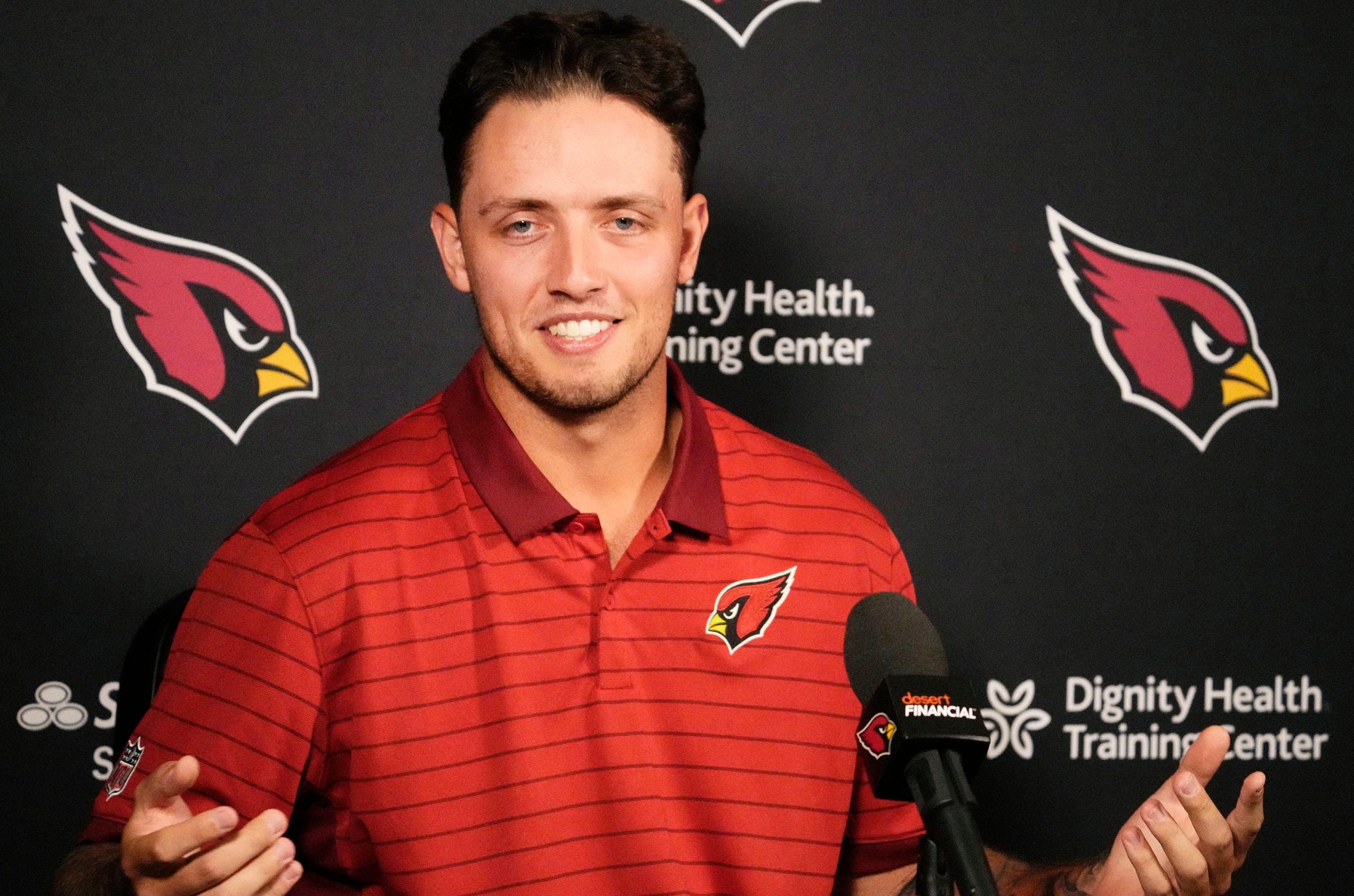 Arizona Cardinals rookie quarterback Carson Beck during a press conference on May 7, 2026, at the Arizona Cardinals training facility in Tempe. Syndication: Arizona Republic