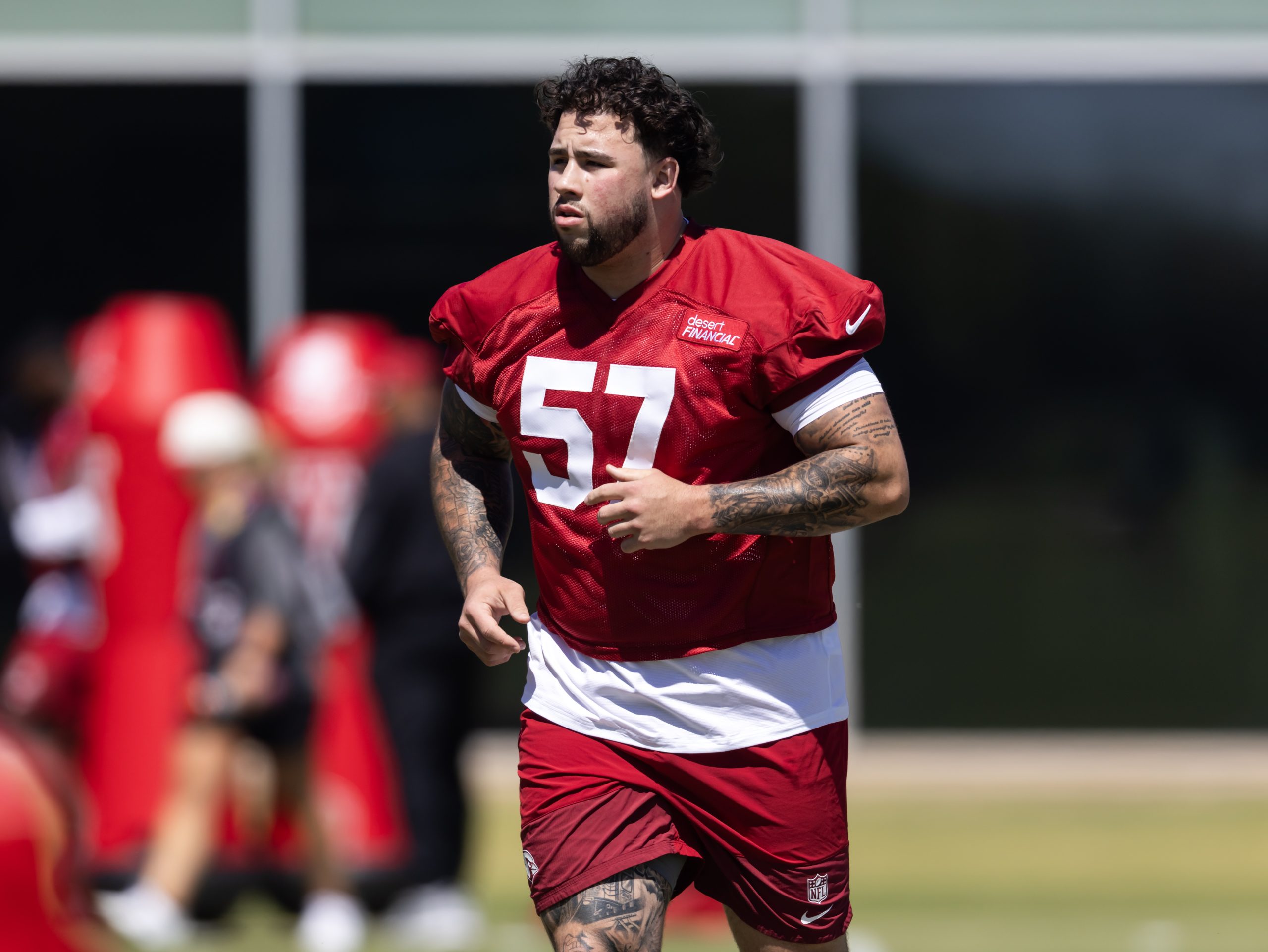May 8, 2026; Tempe, AZ, USA; Arizona Cardinals offensive lineman Chase Bisontis (57) during rookie minicamp at Dignity Health Arizona Cardinals Training Center. Mandatory Credit: Mark J. Rebilas-Imagn Images