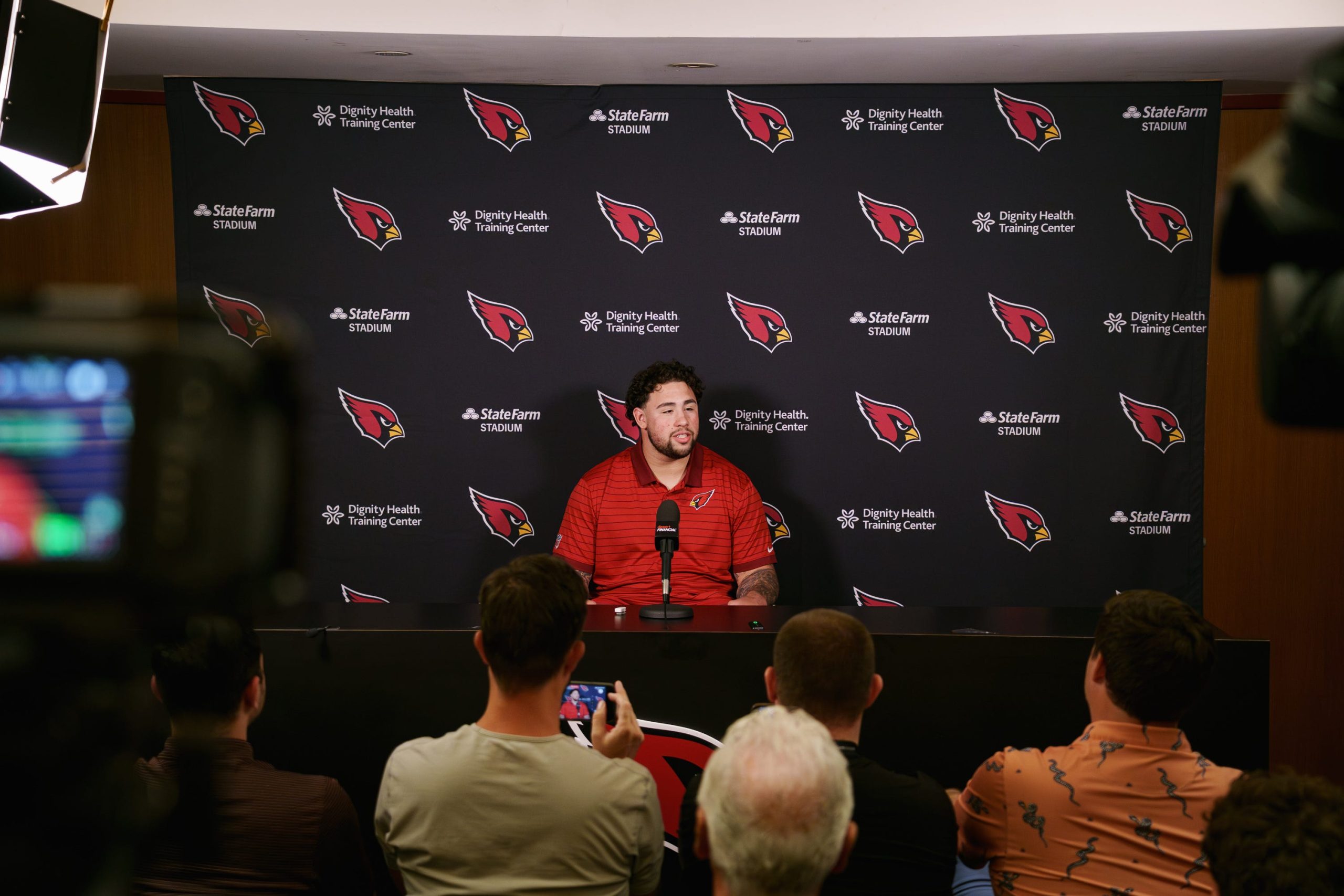 Cardinals rookie lineman from Texas A&M, Chase Bisontis, speaks to the media at the Arizona Cardinals training center on May 11, 2026, in Tempe. Syndication: Arizona Republic