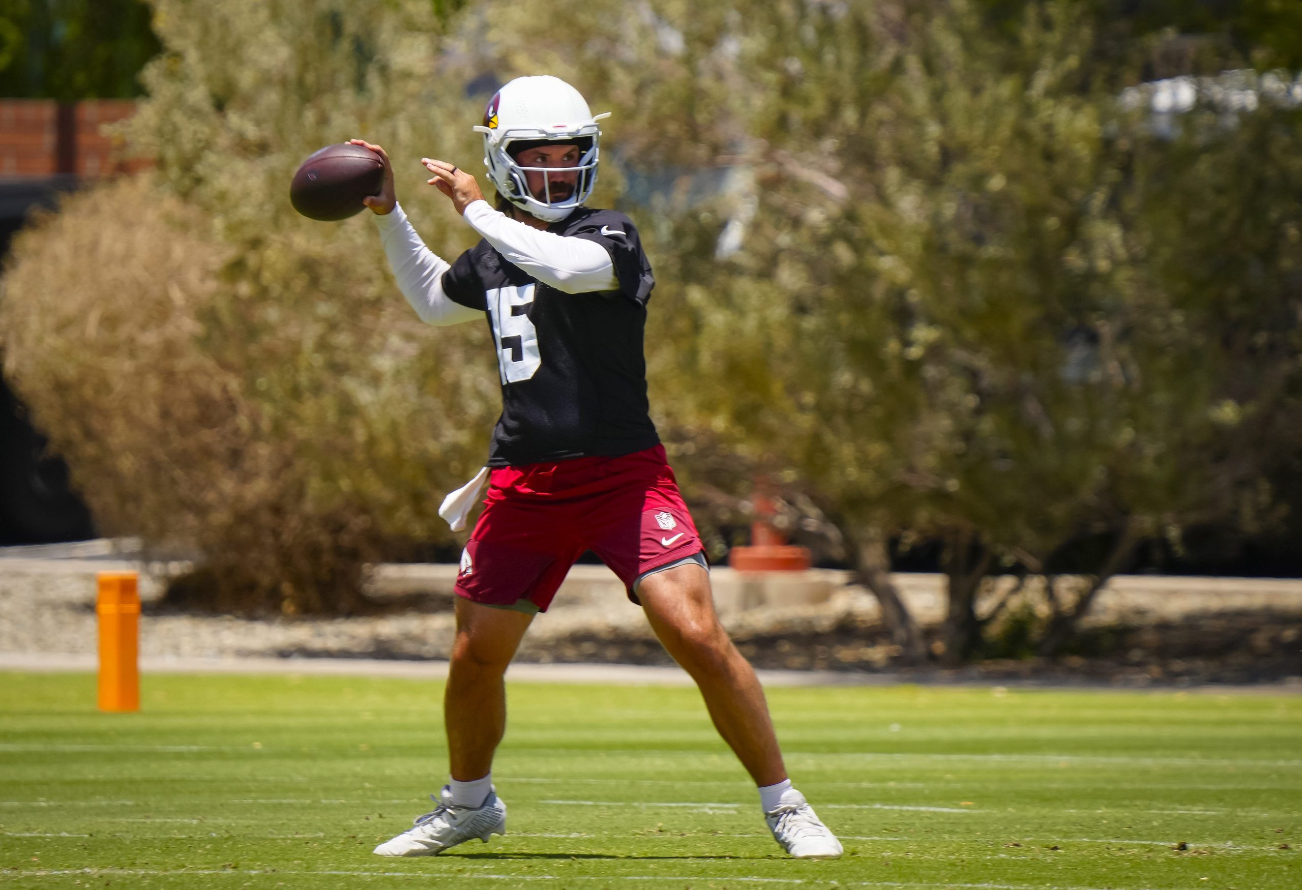 Arizona Cardinals quarterback Gardner Minshew II (15) throws passes during organized team activities at the Cardinals Training Facility in Tempe on May 27, 2026.