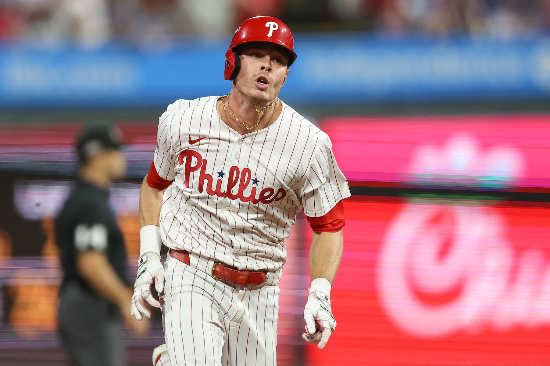Oct 6, 2025; Philadelphia, Pennsylvania, USA; Philadelphia Phillies left fielder Max Kepler (17) runs to third base after hitting a triple against the Los Angeles Dodgers in the eighth inning during game two of the NLDS round for the 2025 MLB playoffs at Citizens Bank Park. Mandatory Credit: Bill Streicher-Imagn
