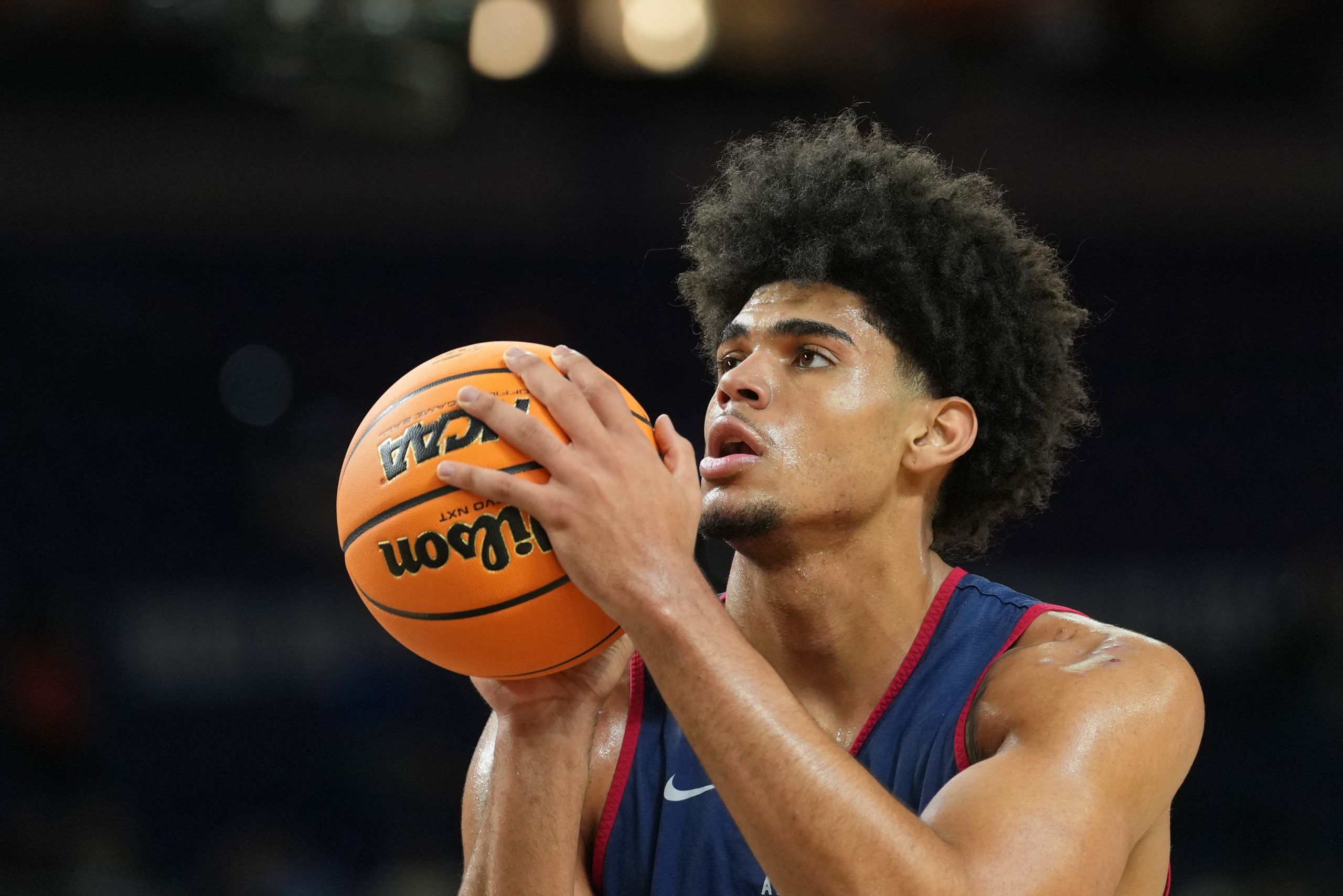 Apr 3, 2026; Indianapolis, IN, USA; Arizona Wildcats forward Koa Peat (10) during a practice session ahead of the Final Four of the men's 2026 NCAA Tournament at Lucas Oil Stadium. Mandatory Credit: Robert Deutsch-Imagn Images