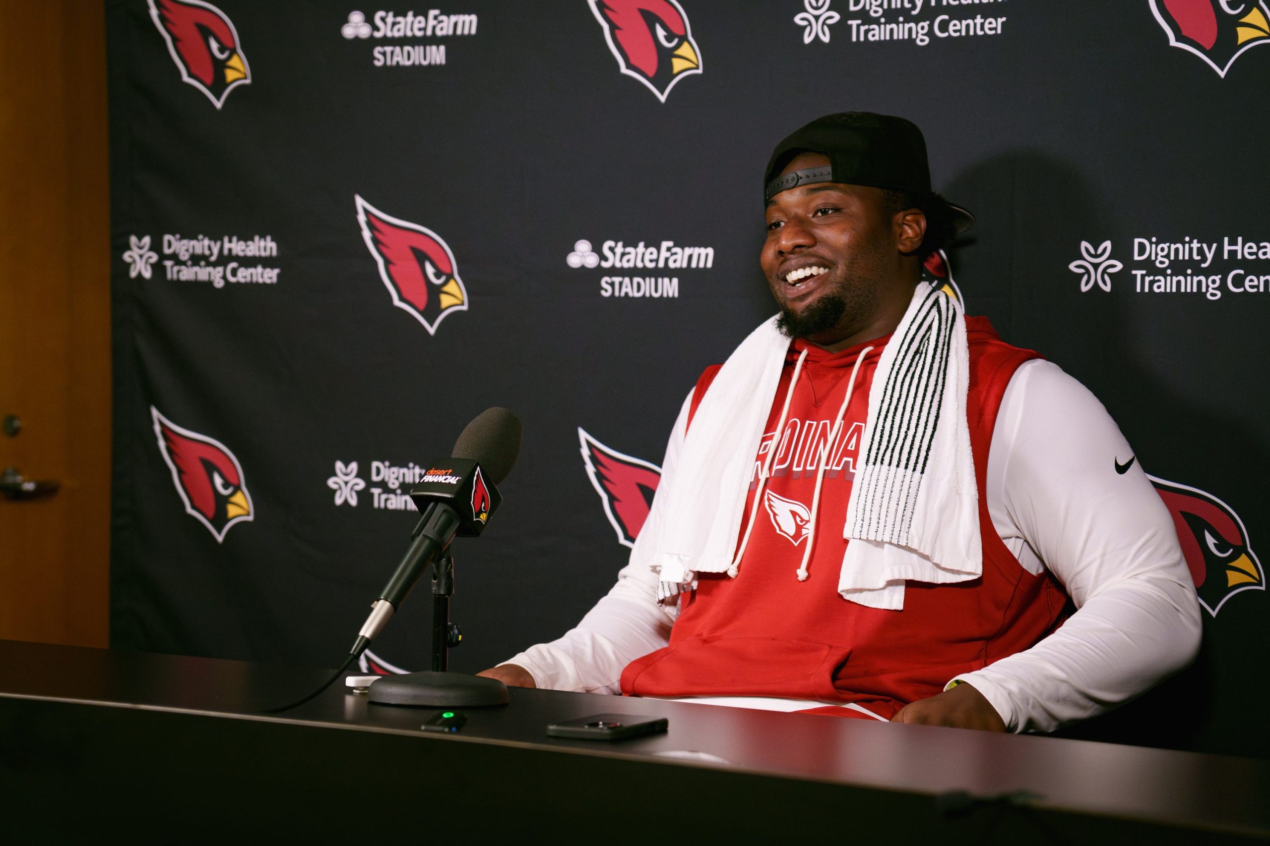 Cardinals rookie defensive lineman from Southern Louisiana University, Kaleb Proctor, speaks to the media at the Arizona Cardinals training center on May 11, 2026, in Tempe. Syndication: Arizona Republic
