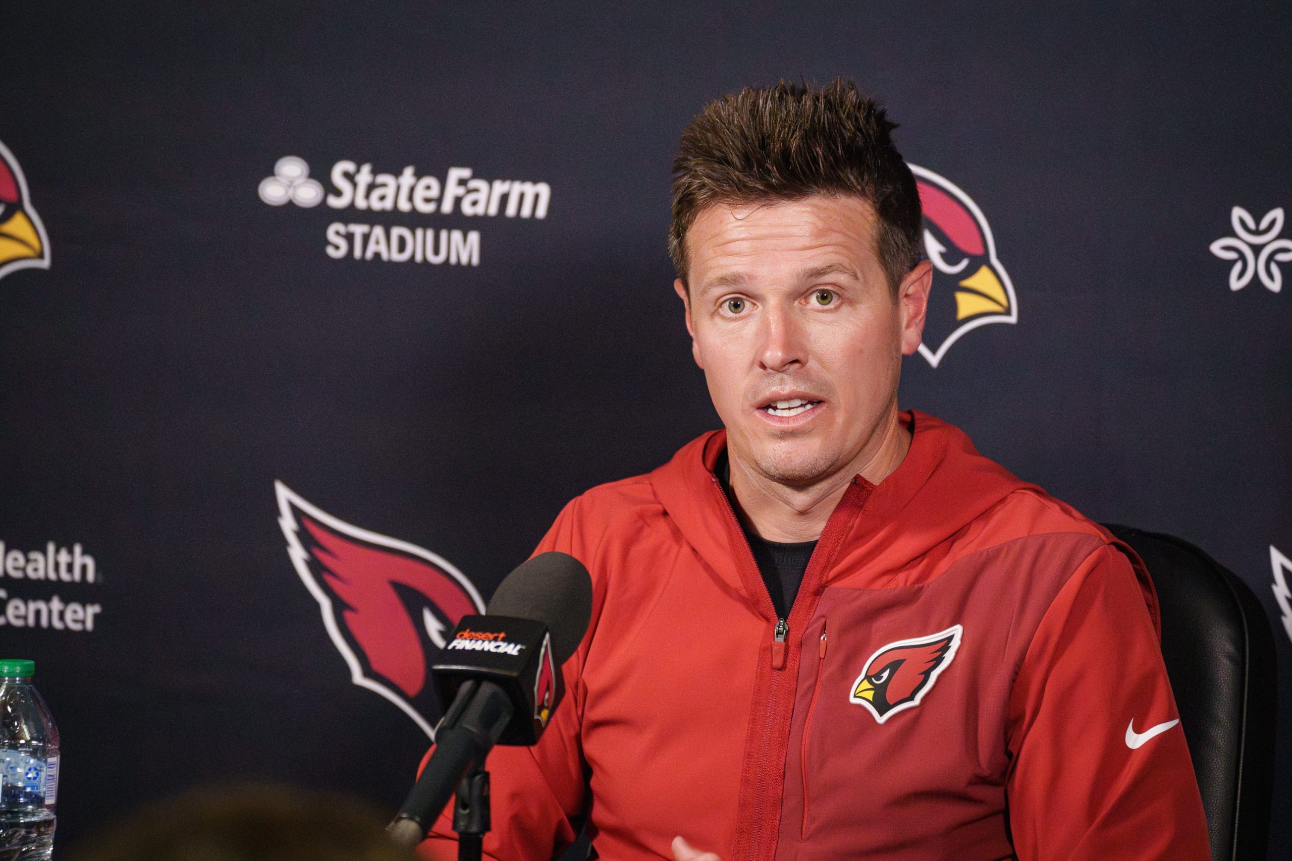 Arizona Cardinals head coach Mike LaFleur speaks to the media at the team's Tempe facility on June 2, 2026.