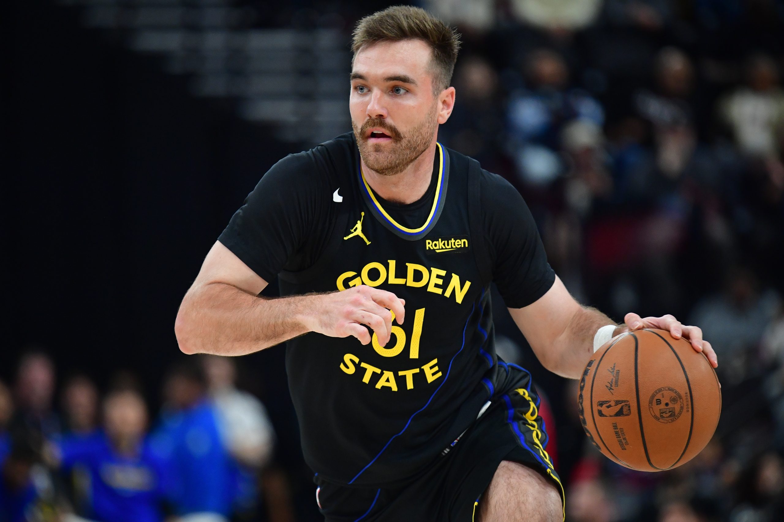Apr 12, 2026; Inglewood, California, USA; Golden State Warriors guard Pat Spencer (61) controls the ball against the Los Angeles Clippers during the first half at Intuit Dome. Mandatory Credit: Gary A. Vasquez-Imagn Images Suns