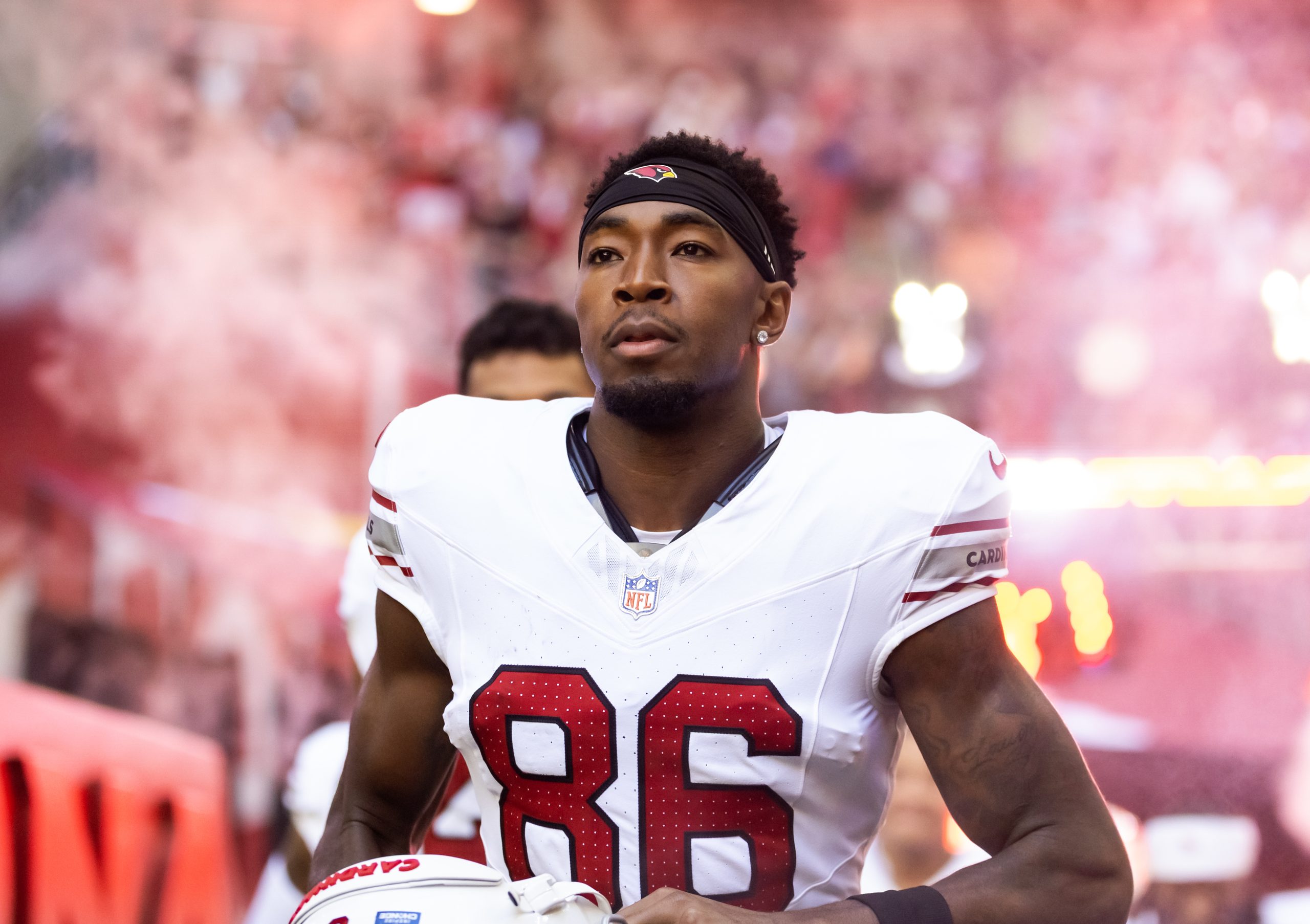Dec 21, 2025; Glendale, Arizona, USA; Arizona Cardinals wide receiver Jalen Brooks (86) against the Atlanta Falcons at State Farm Stadium. Mandatory Credit: Mark J. Rebilas-Imagn Images