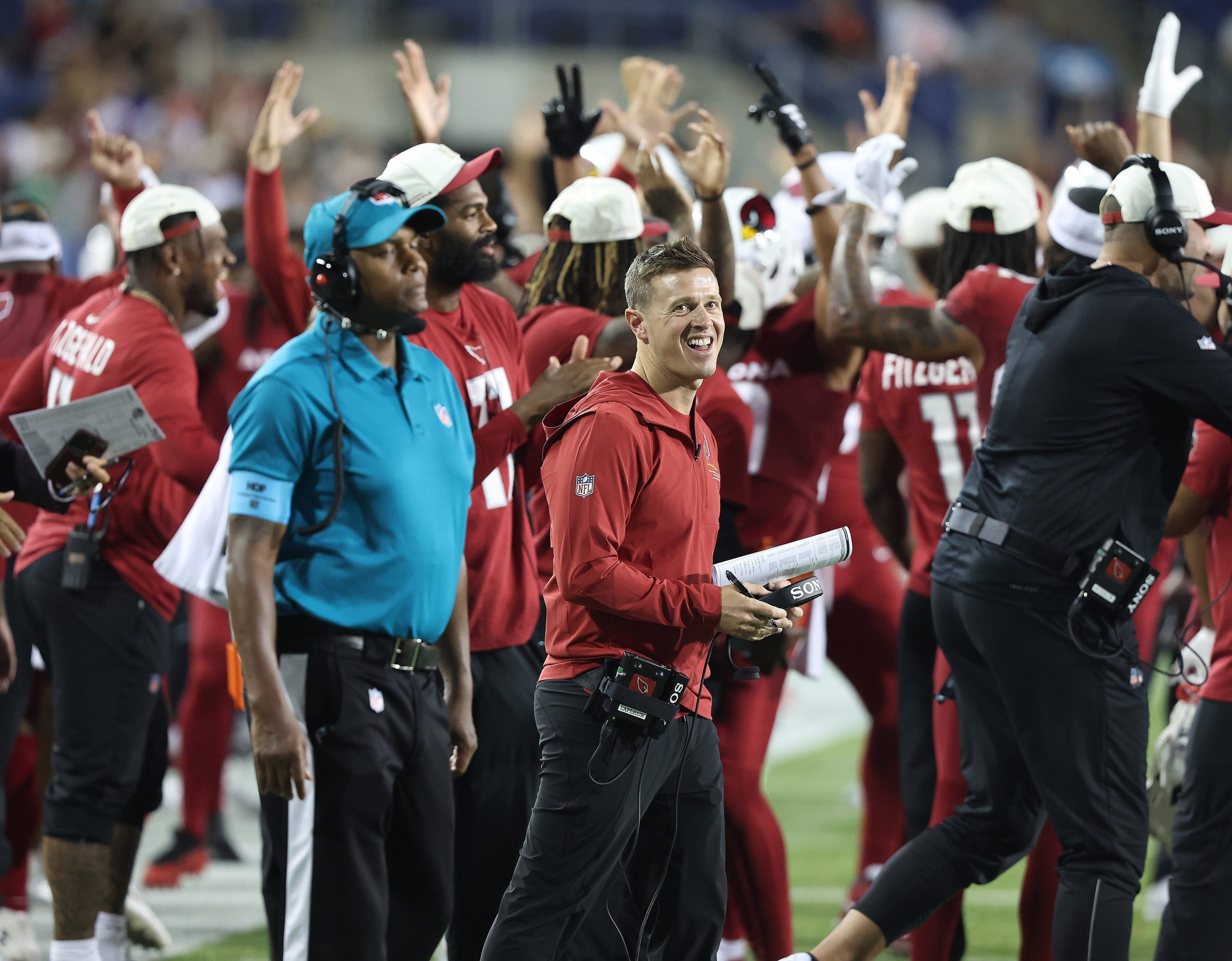 Arizona Cardinals head coach Mike LaFleur reacts to a call overturned in the fourth quarter for a touchdown against the Carolina Panthers at Tom Benson Hall of Fame Stadium.