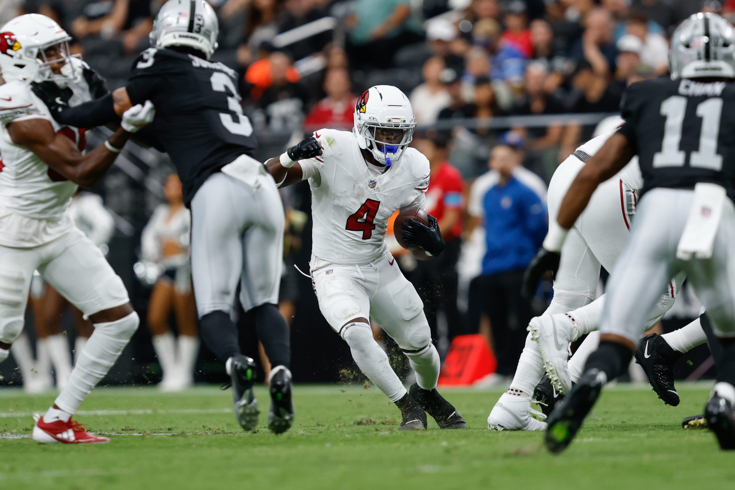 Arizona Cardinals Jeremiyah Love spin move hurdle preseason Las Vegas Raiders
