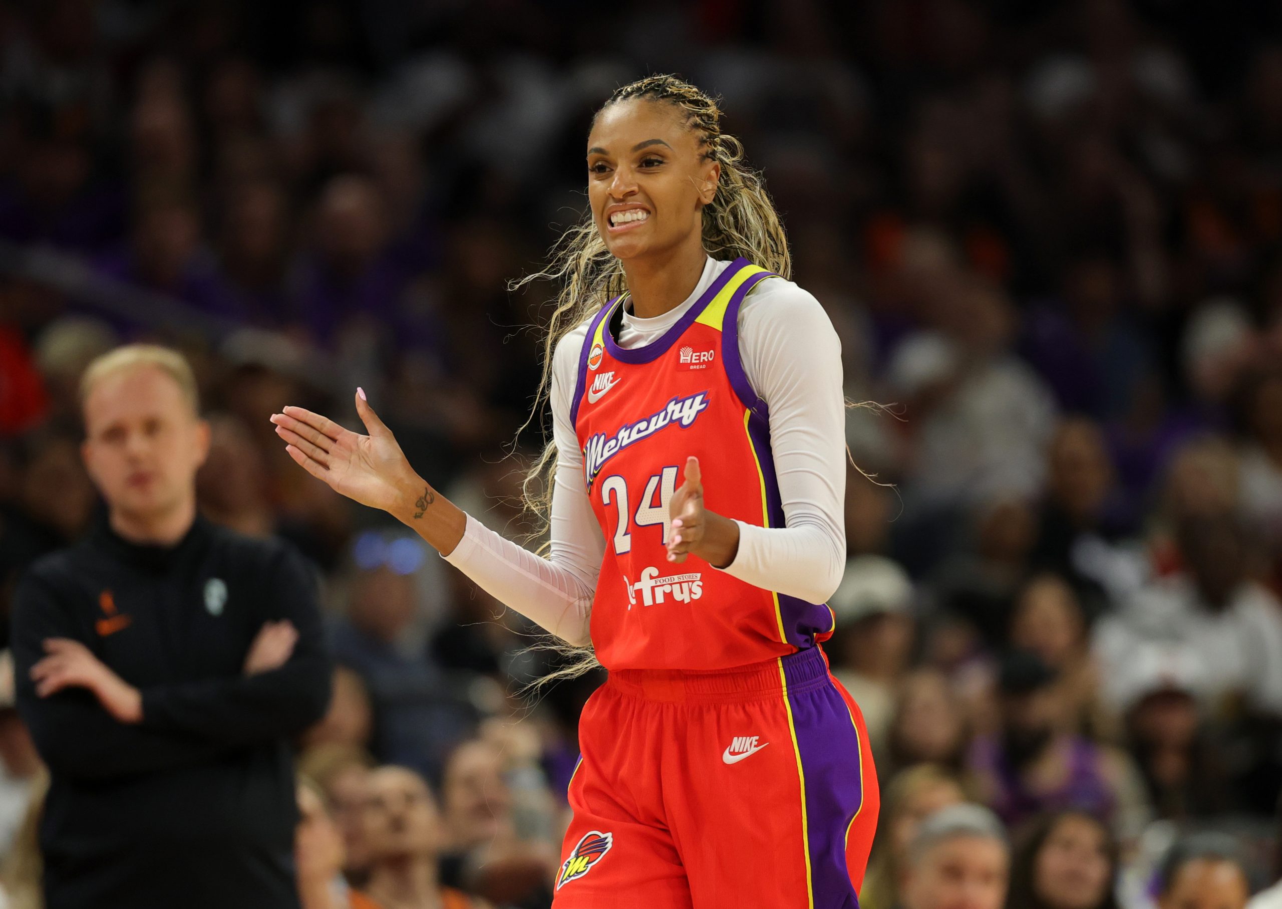 Aug 16, 2026; Phoenix, Arizona, USA; Phoenix Mercury forward DeWanna Bonner (24) against the Portland Fire at Mortgage Matchup Center. Mandatory Credit: Mark J. Rebilas-Imagn Images